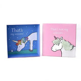 Two illustrated unicorn gift boxes in blue and pink featuring equestrian keepsake text that reads thats my unicorn