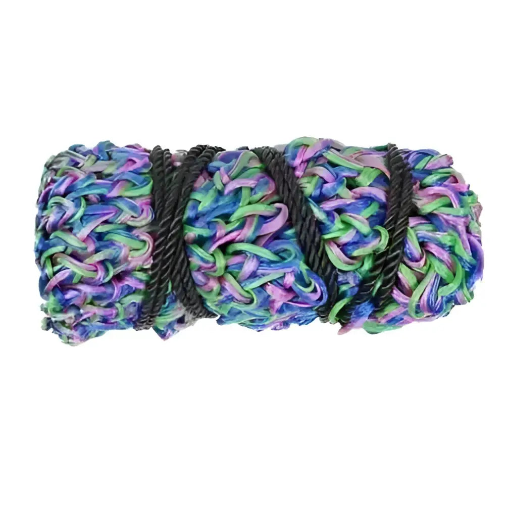 Colorful hand-knitted elico tiverton haynet triple cord pouch with blue green purple yarn and black braided straps
