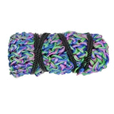 Colorful hand-knitted elico tiverton haynet triple cord pouch with blue green purple yarn and black braided straps
