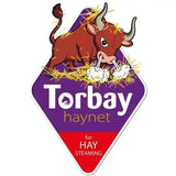 Purple and red diamond elico torbay haynet label with cartoon brown bull for hay steaming use