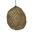 A blue rope secured elico torbay haynet made of woven mesh filled with dried grass ideal for hay steaming