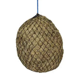 A blue rope secured elico torbay haynet made of woven mesh filled with dried grass ideal for hay steaming