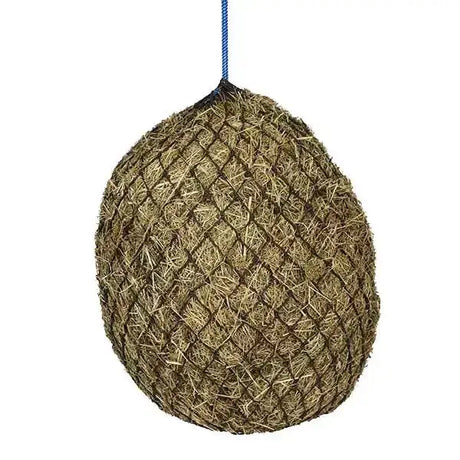 A blue rope secured elico torbay haynet made of woven mesh filled with dried grass ideal for hay steaming