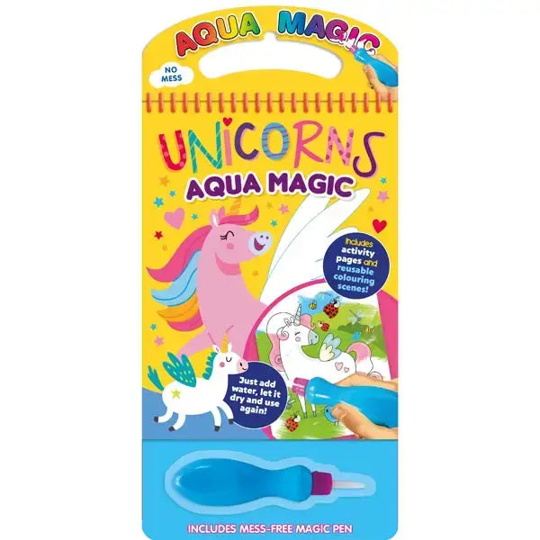 A vibrant yellow elico unicorn aqua magic coloring book with a pink unicorn and rainbow wings for kids to color