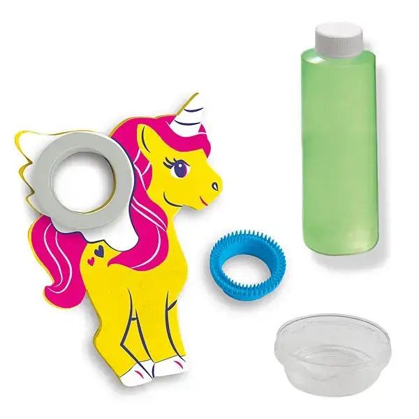 Yellow and pink unicorn-shaped wooden bubble wand with silver ring handle for elico unicorn bubbles fun play