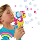 Yellow and pink elico unicorn bubbles blower with a blue circular blowing mechanism for fun bubble play