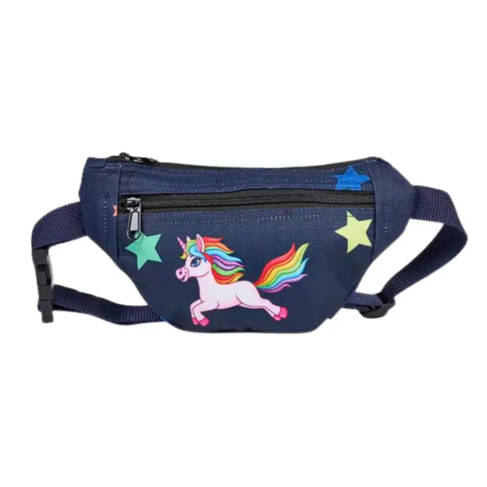 Navy blue elico unicorn bum bag with rainbow mane tail and colorful stars, perfect unicorn bum bag accessory