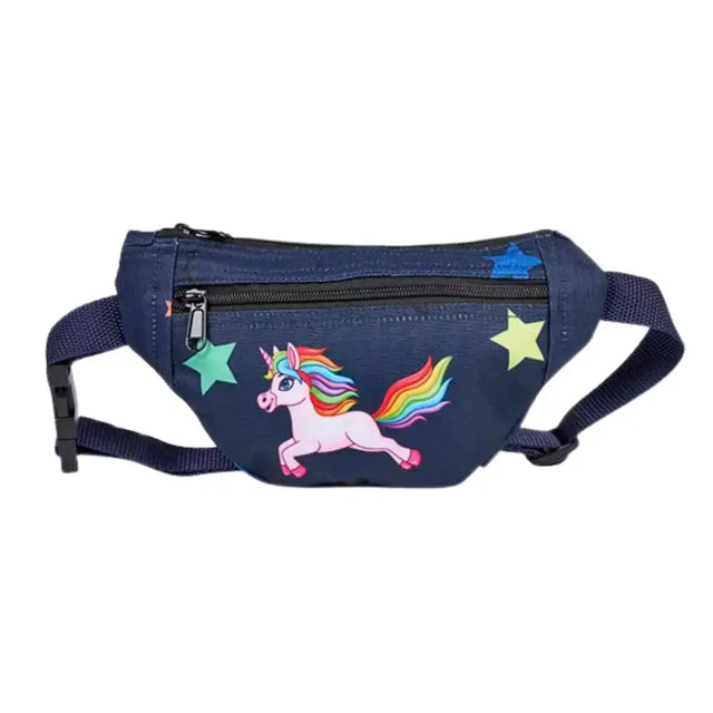 Navy blue elico unicorn bum bag with rainbow mane tail and colorful stars, perfect unicorn bum bag accessory