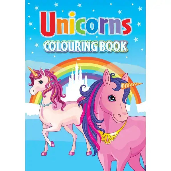 A vibrant elico unicorn colour book with two cartoon unicorns pink and purple manes golden horns rainbow castle backdrop
