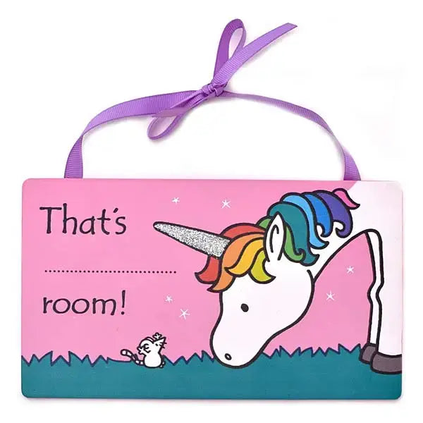 Pink rectangular elico unicorn door hanger with a cartoon unicorn, rainbow mane, glittery silver horn, hanging on purple ribbon