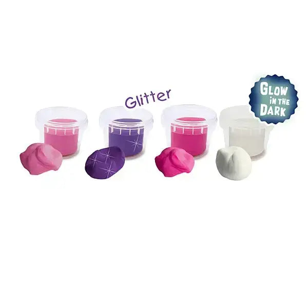 Clear containers of pink purple and white glow-in-the-dark glitter elico unicorn dough with matching dough samples