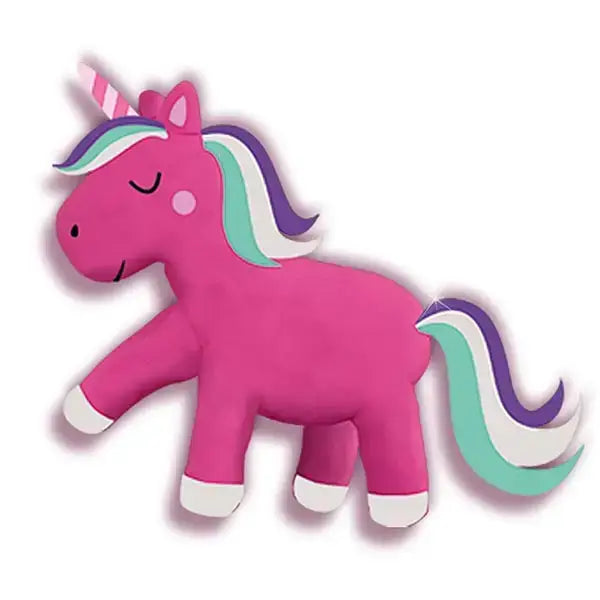 A plush pink unicorn with rainbow-striped mane tail white hooves and striped horn from elico unicorn dough