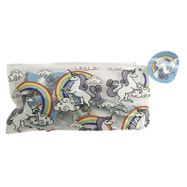 Clear plastic elico unicorn filled pencil case with colorful cartoon unicorns galloping on rainbows and clouds