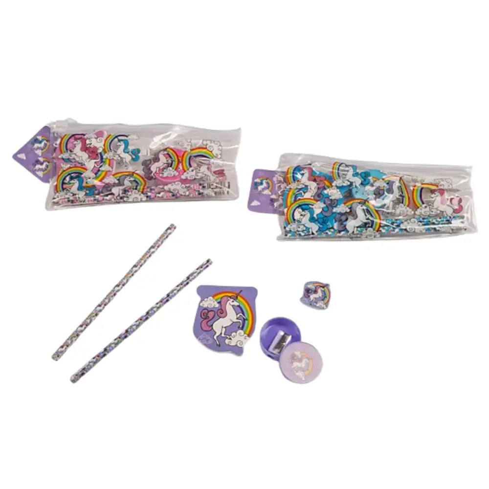 Elico unicorn filled pencil case with colorful rainbow designs glittery pencils purple unicorn eraser and sharpener