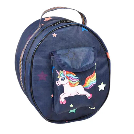 Navy blue elico unicorn hat bag with colorful rainbow unicorn and star print for horse blanket storage