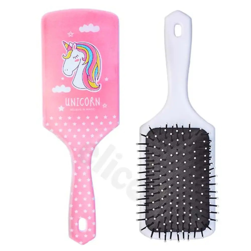 Pink elico unicorn mane paddle brush with white polka dots rainbow mane black bristles and white handle