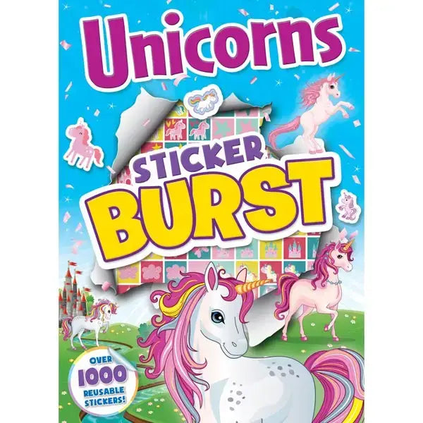 Elico unicorn sticker burst puzzle book with vibrant pink and purple lettering and colorful unicorns on blue background