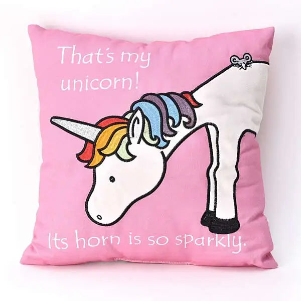 Pink elico unicorn cushion with a white unicorn embroidered rainbow mane sparkly horn and fun text that’s my unicorn