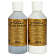 Two white plastic bottles of elico veterinary wound powder with gold labels and white caps labeled black and white