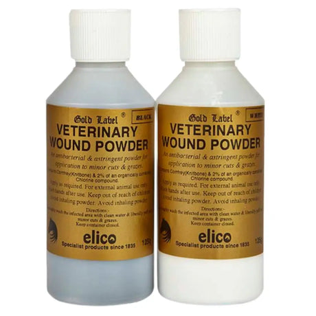 Two white plastic bottles of elico veterinary wound powder with gold labels and white caps in black and white versions