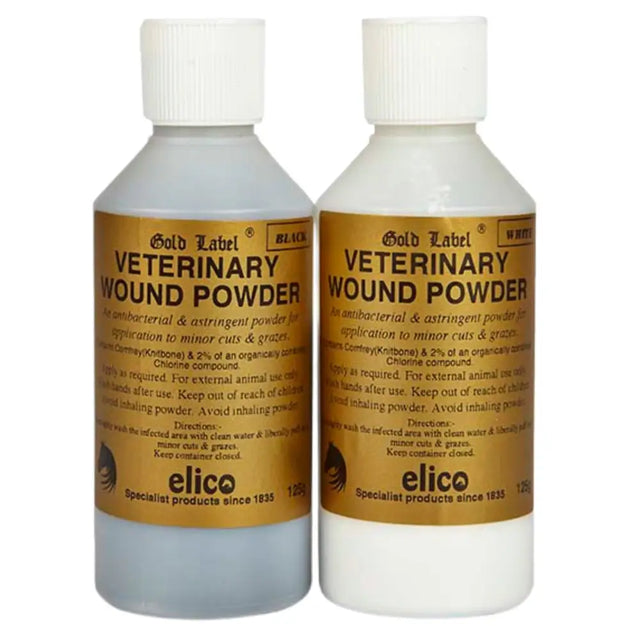 Two white plastic bottles of elico veterinary wound powder with gold labels and white caps in black and white versions