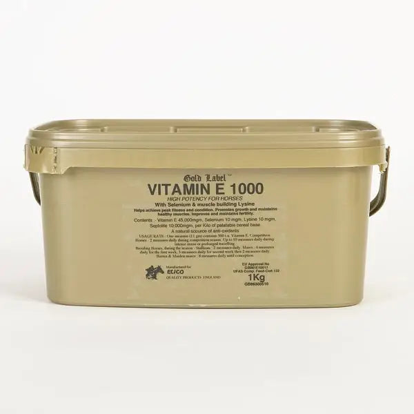 Tan plastic container with lid and handles labeled gold label vitamin e 1000 for horses by elico vitamin e1001