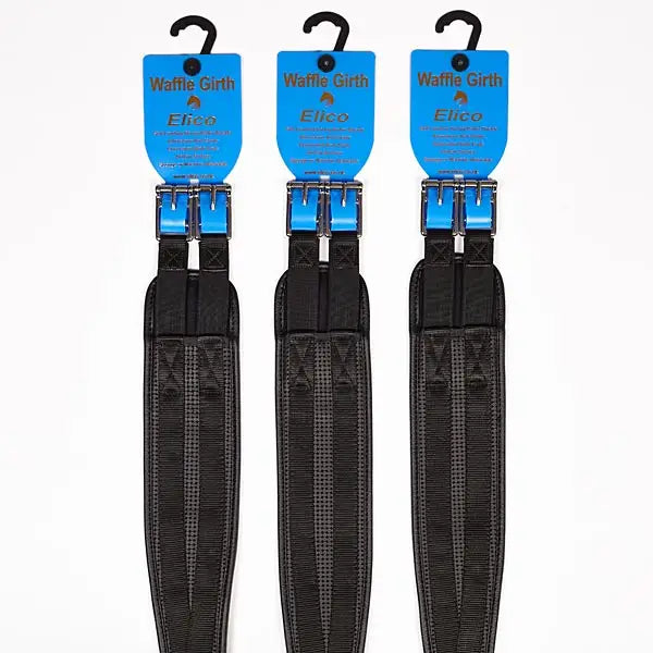 Elico black waffle girth elasticated both ends with blue metal buckles and breathable synthetic waffle cushion straps