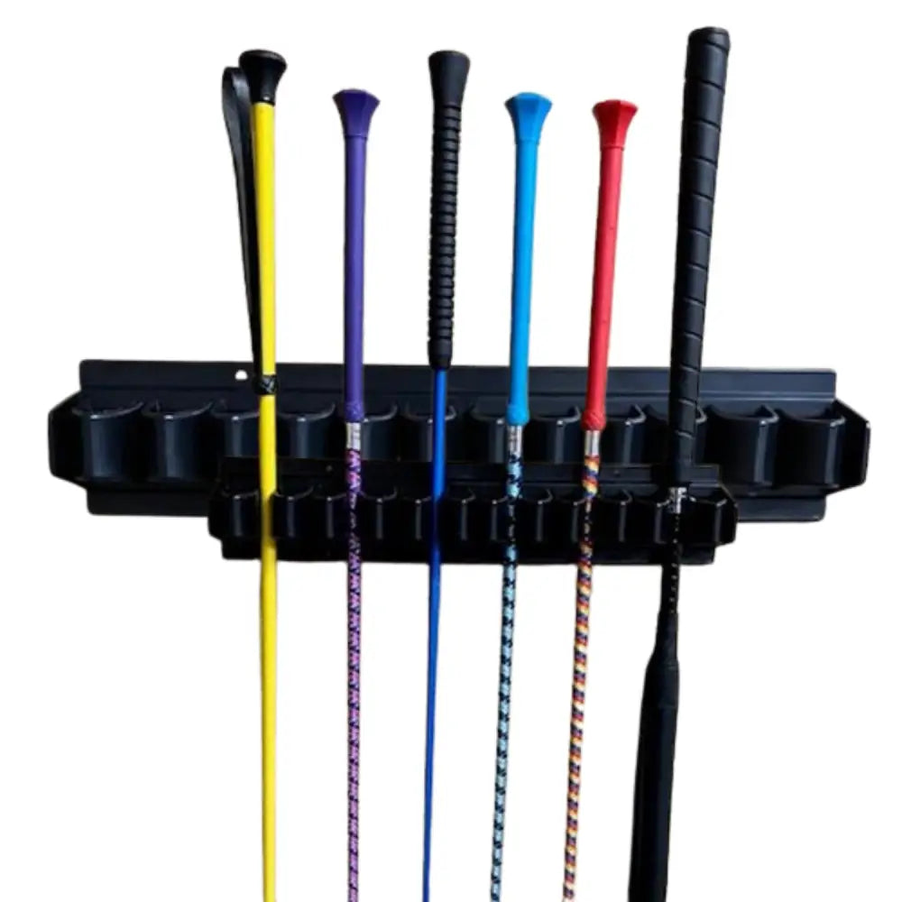 Black plastic elico whip holder displaying five colorful riding crops with textured grips and patterned shafts