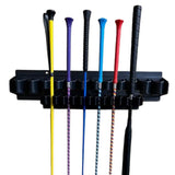 Black plastic elico whip holder displaying five colorful riding crops with textured grips and patterned shafts