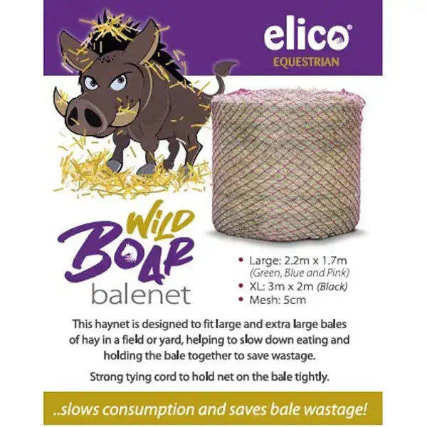 Cylindrical elico wild boar x-large boar bale haynet in black mesh with pink trim and strong tying cord for large hay bales