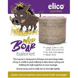 Cylindrical elico wild boar x-large boar bale haynet in black mesh with pink trim and strong tying cord for large hay bales