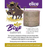The elico wild boar field haynet is a black mesh cylindrical bale net with pink trim designed for large hay bales