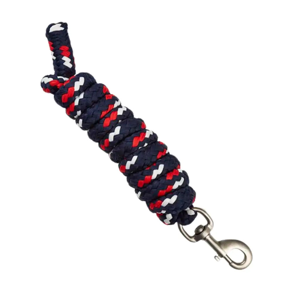 A navy blue red and white braided horse lead rope with silver swivel hook from the elico windermere lead rope line