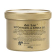 Elico witch hazel gel in a 400g metallic gold jar with ribbed lid featuring arnica for soothing skin relief