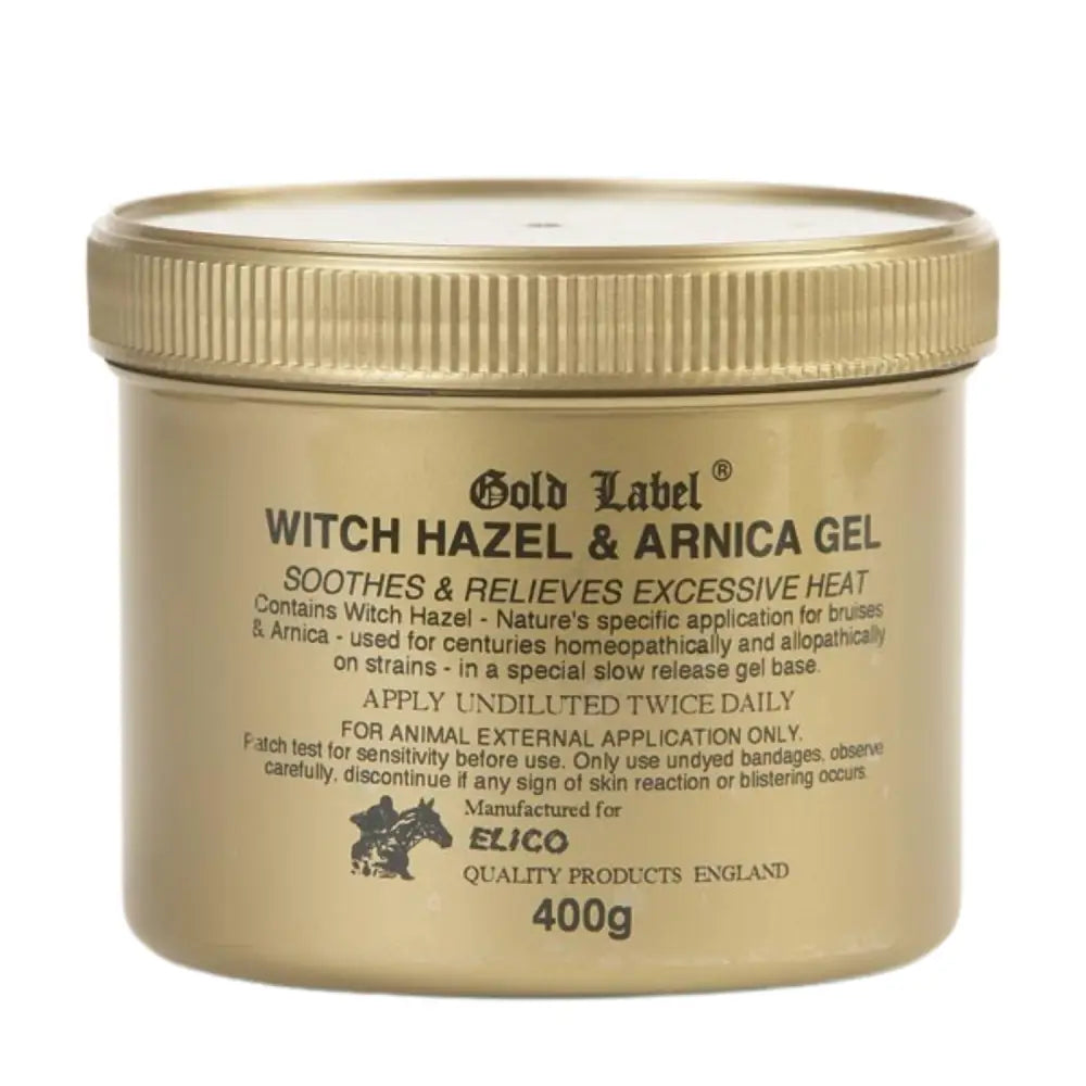 Elico witch hazel gel in a 400g metallic gold jar with ribbed lid featuring arnica for soothing skin relief