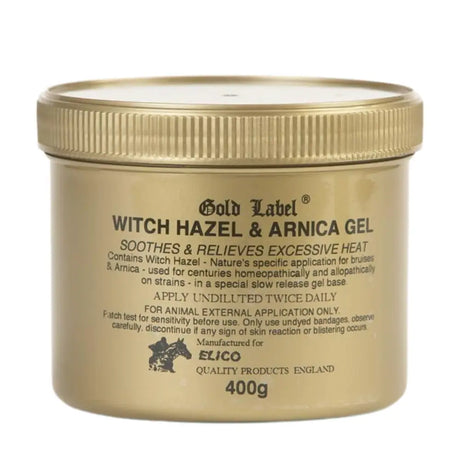 Elico witch hazel gel in a 400g metallic gold jar with ribbed lid featuring arnica for soothing skin relief