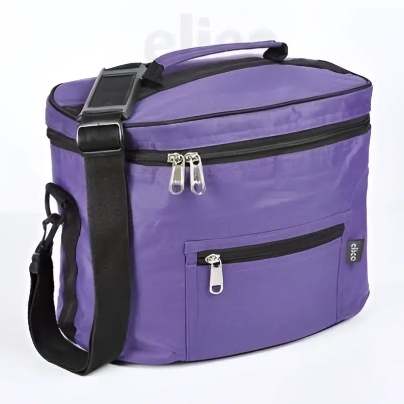 Purple insulated lunch bag with black zippers straps and trim from elico york bridle collection perfect for york bridle bag use