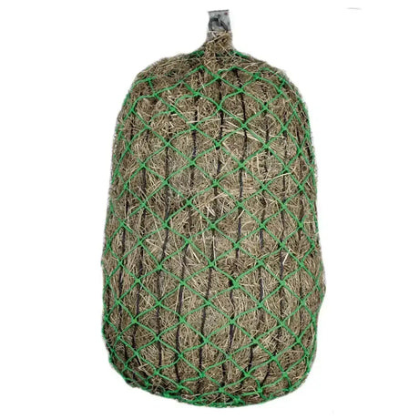 Green mesh elim-a-net slow feeding haynet filled with dry straw designed to prevent rapid forage for horses