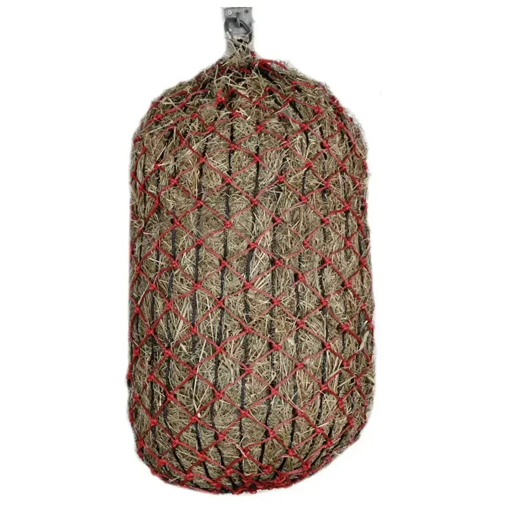 Elim-a-net red haynets made of red knotted netting hold dried hay to prevent rapid forage and support original slow feeding