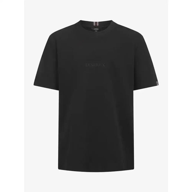 Black young mens lemieux t-shirt with short sleeves subtle logo and small branded tags at collar and sleeve