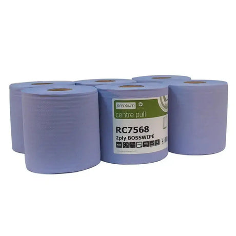Light blue bosswipe rc7568 embossed standard c pullrolls 2-ply center pull paper towels for everyday use