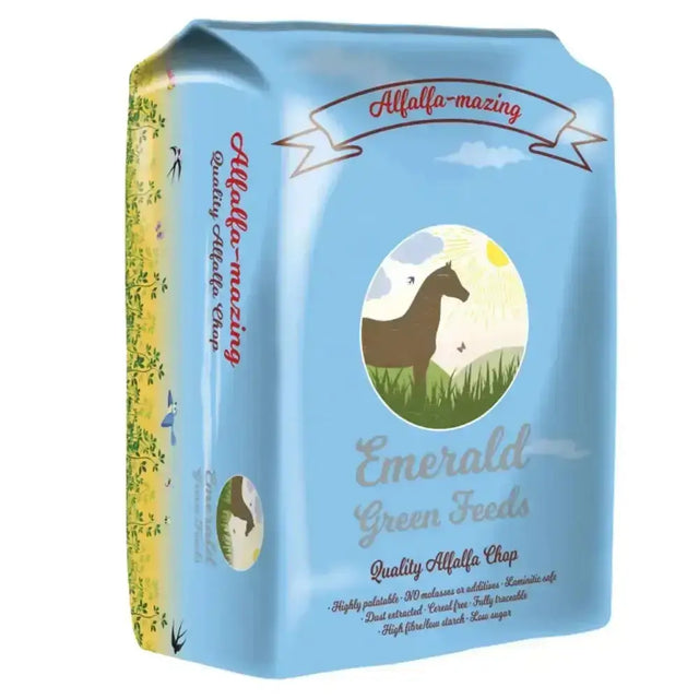 Light blue bag of emerald green feeds alfalfa-mazing with brown horse illustration for excellent equine feed quality