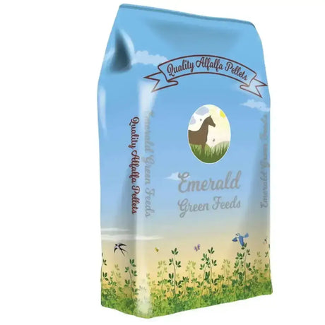 A blue and green bag of emerald green feeds alfalfa pellets with a horse silhouette on a sky backdrop design