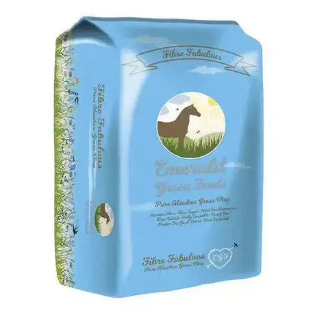 Light blue bag of emerald green feeds fibre fabulous short-chopped pure meadow grass chop for horses feed
