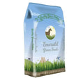 A light blue bag of emerald green feeds grass pellets with a horse illustration and green hills design