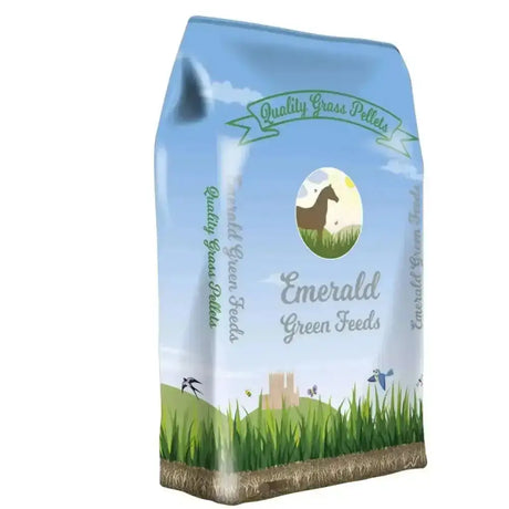 A light blue bag of emerald green feeds grass pellets with a horse illustration and green hills design
