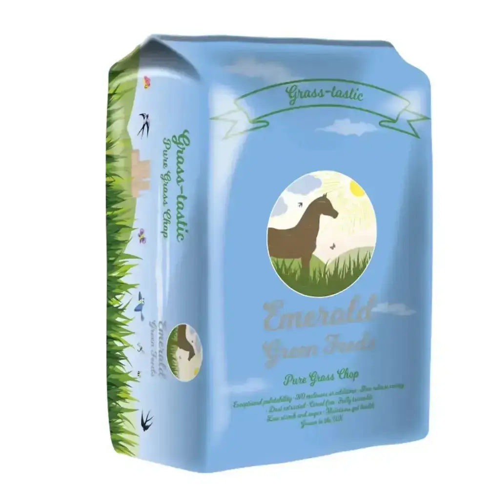 Light blue bag of emerald green feeds grass-tastic pure grass chop horse feed with brown horse illustration under sun