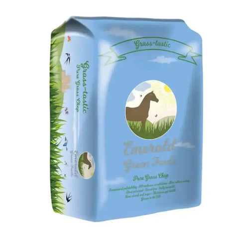 Light blue bag of emerald green feeds grass-tastic pure grass chop horse feed with brown horse illustration under sun