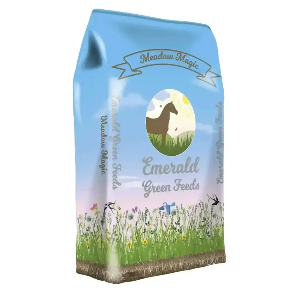 Light blue and green bag of emerald green feeds meadow magic pellets with horse illustration on pastoral scene