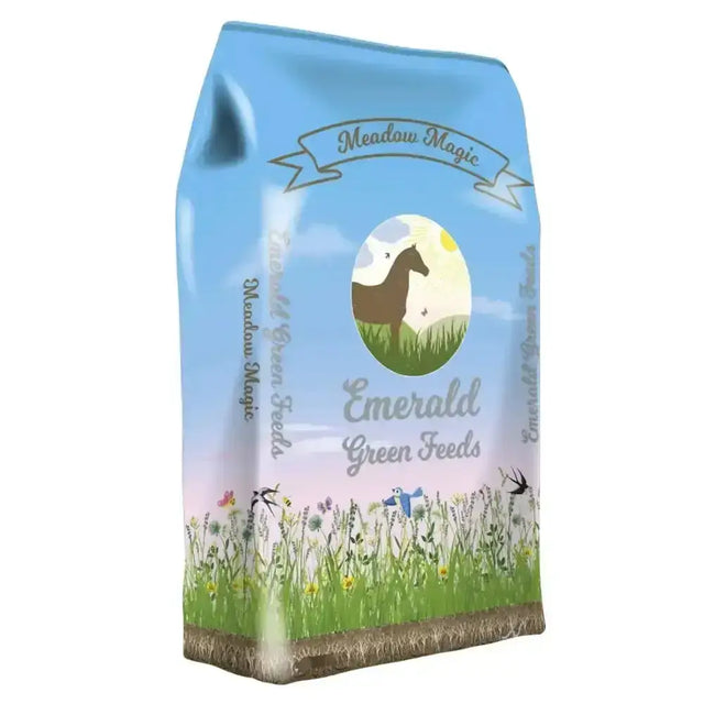 Light blue and green bag of emerald green feeds meadow magic pellets with horse illustration on pastoral scene